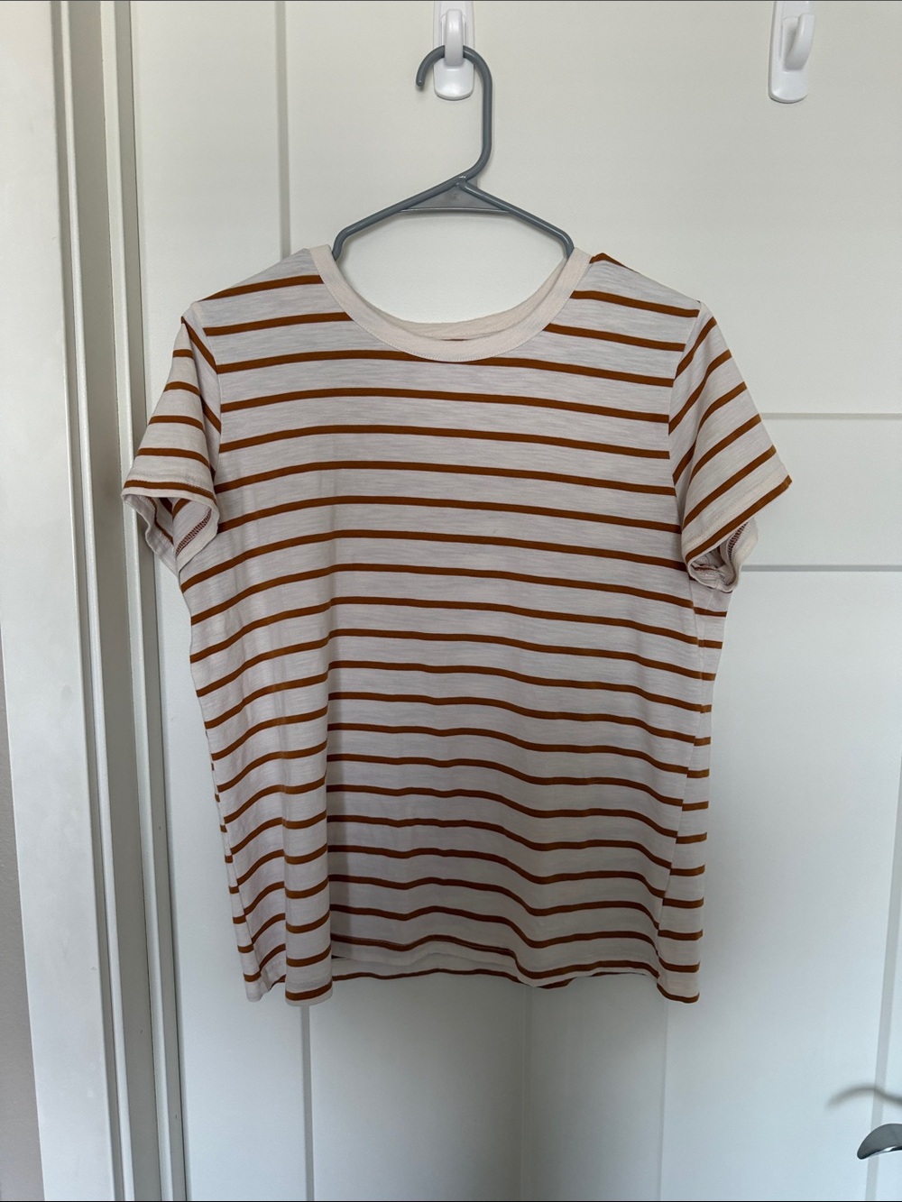 Striped Crewneck Short-Sleeve Tee in White and Brown